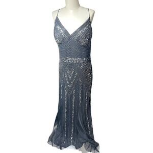 Marina‎ Women Beaded Sequin Art Deco Gown Gray V-Neck Formal Dress Size 16